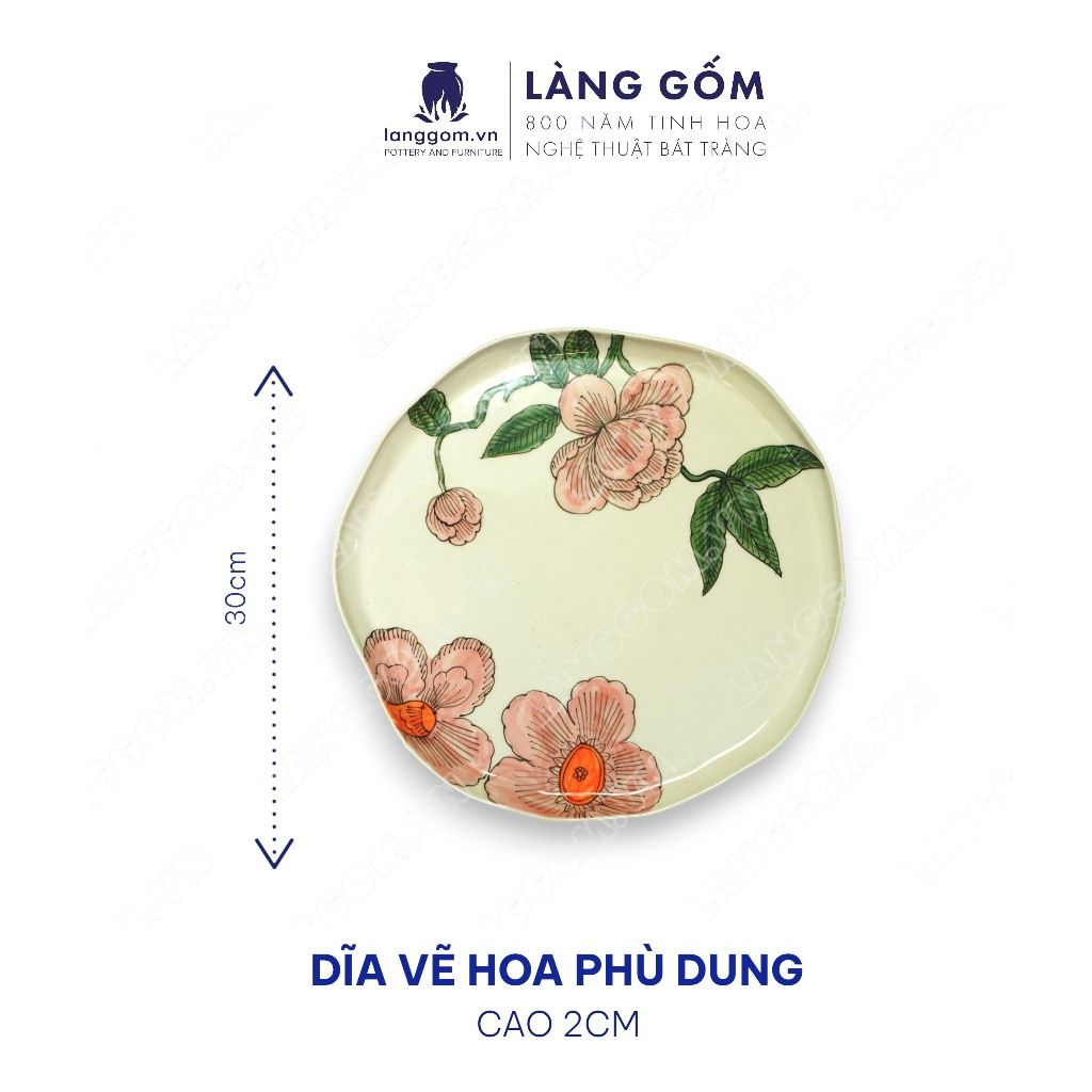  Đĩa gốm méo họa tiết vẽ tay thủ công hoa phù dung 