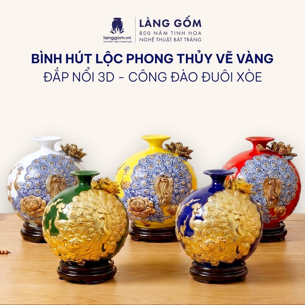  Bình Hút Lộc Công Đào Đuôi Xòe Đắp Nổi Gốm Sứ Bát Tràng – Bình Tụ Lộc Phong Thủy Quà Tặng Cao Cấp 