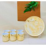  Bộ cốc đĩa vân đá họa tiết vẽ hoa đào trắng cao cấp 