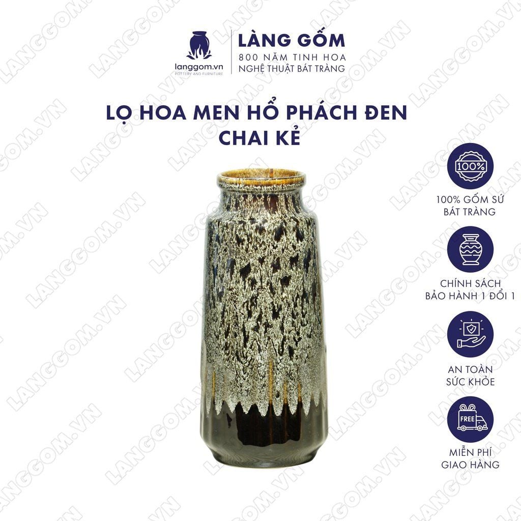  Bình hoa men hỏa biến dáng chai kẻ màu hổ phách đen 