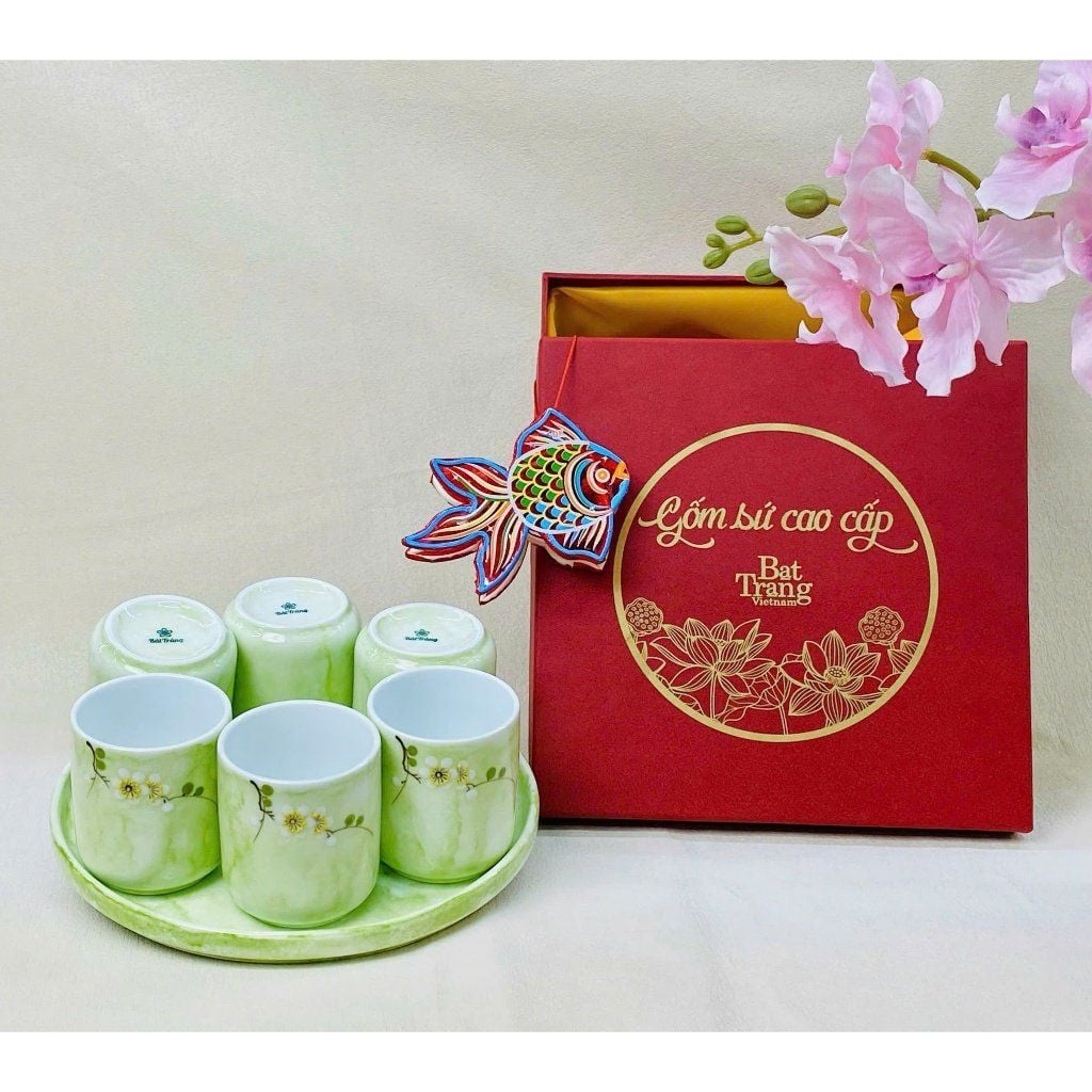  Bộ cốc đĩa vân đá họa tiết vẽ hoa đào trắng cao cấp 