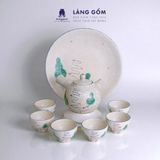  Bộ ấm chén quai chuôi men tuyết trắng phun vẽ lá 