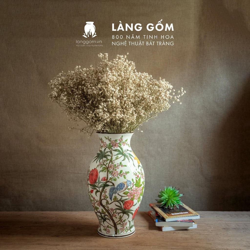  Bình hoa men màu họa tiết vẽ tay chim và hoa đào 