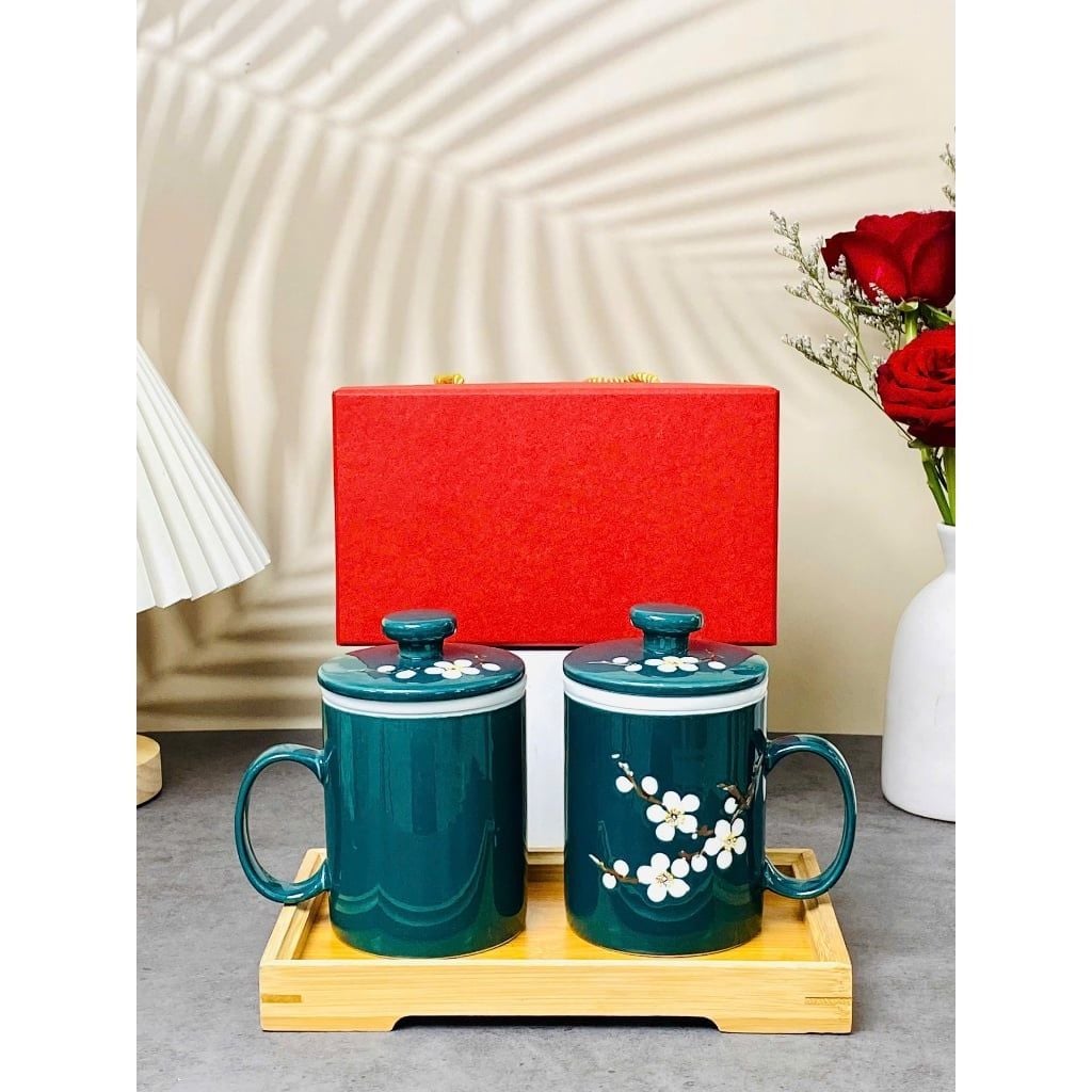  Cốc lọc trà vẽ nổi hoa đào trắng dung tích 330ml 