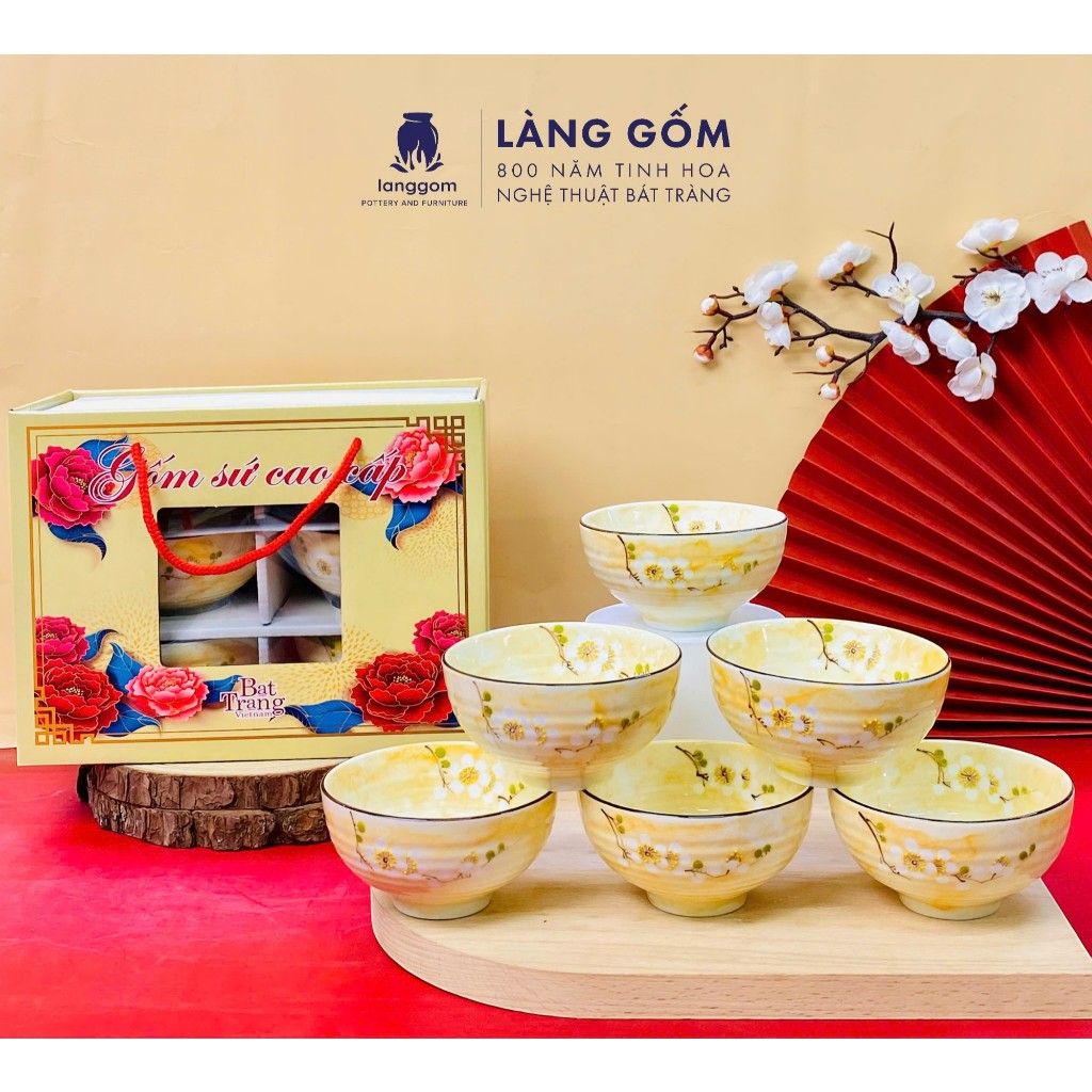  Bộ bát cơm vân đá vẽ hoa đào trắng (TH) 