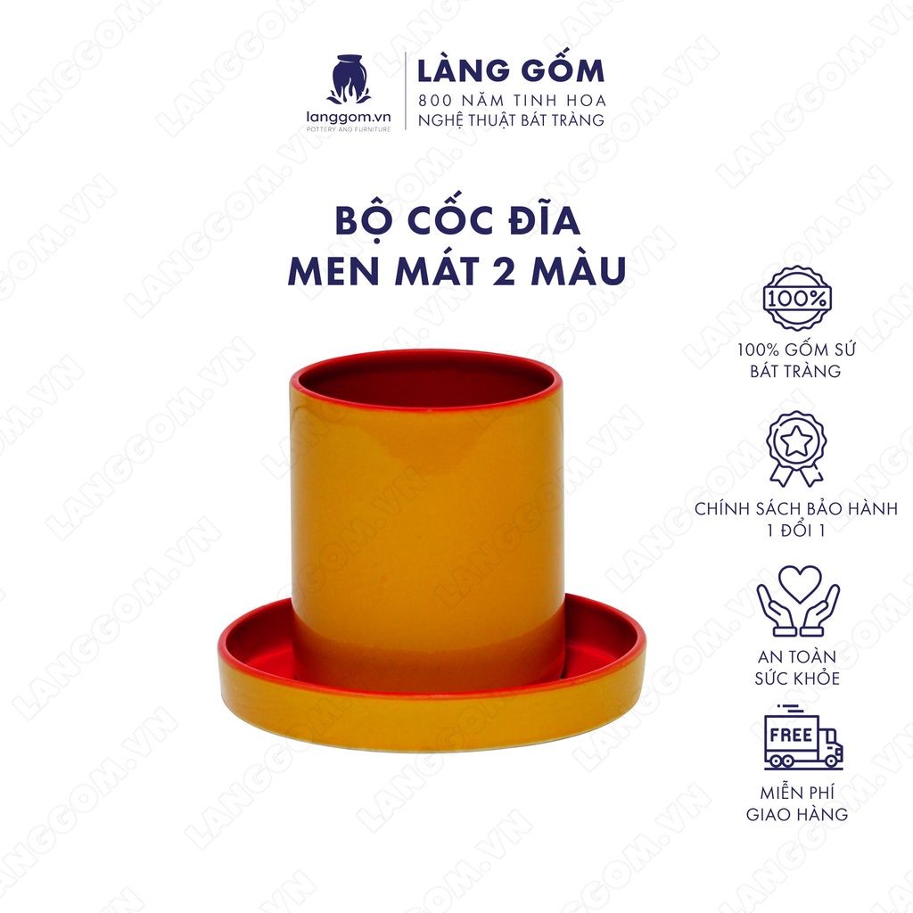  Bộ cốc và đĩa gốm sứ 2 màu cam đỏ, men mát 