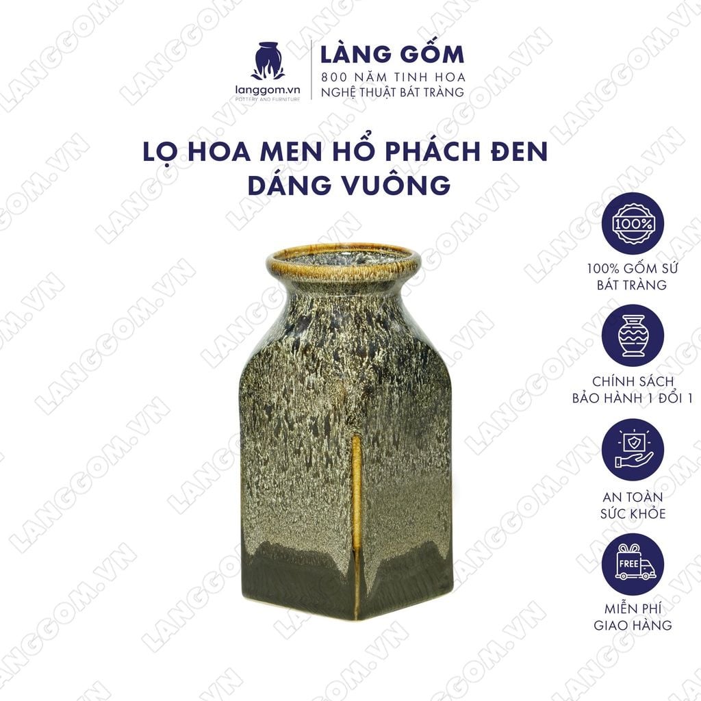  Bình hoa men hỏa biến dáng chai vuông màu hổ phách đen 