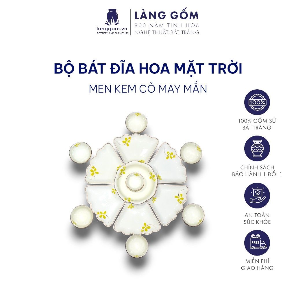  Bộ bát đĩa hoa mặt trời men kem vẽ cỏ may mắn 