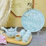  Bộ ấm chén dáng chuôi màu vân đá vẽ đào trắng, dung tích 330ml 