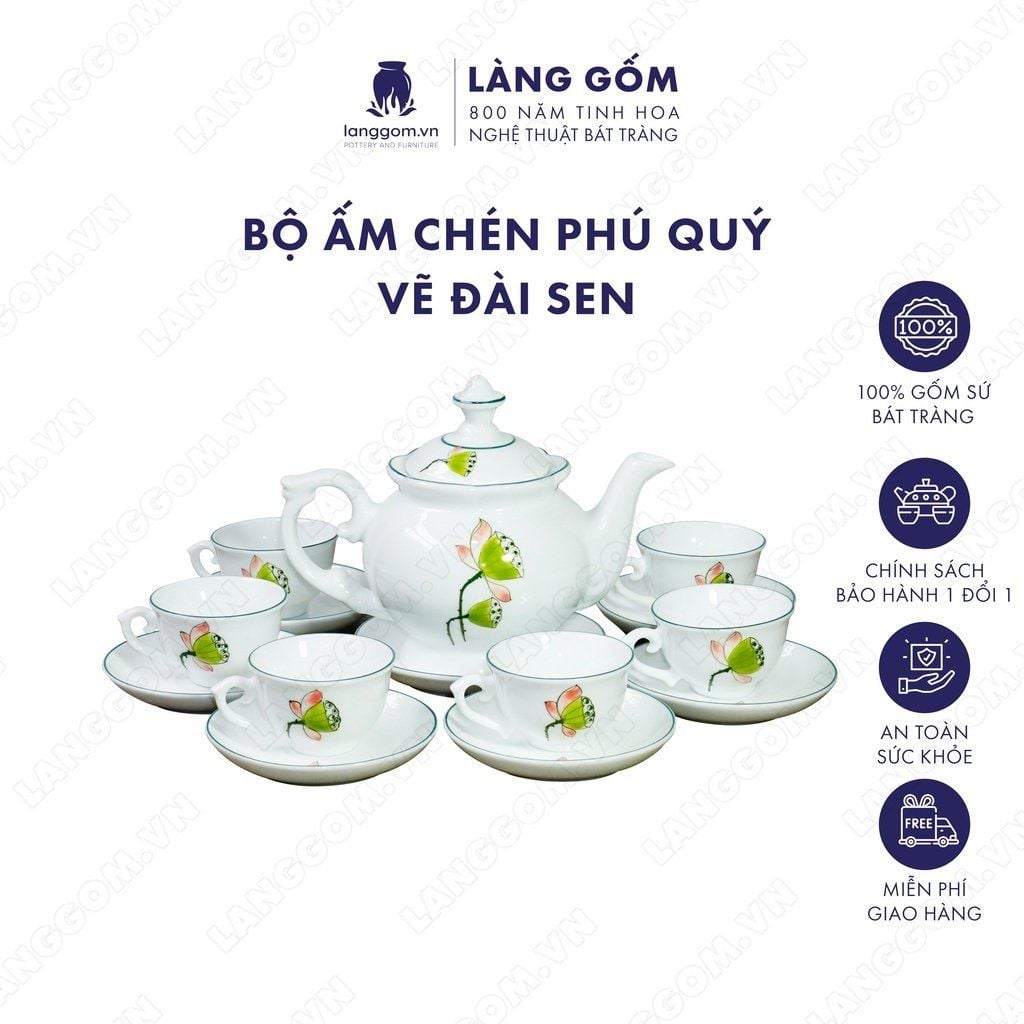  Bộ ấm chén dáng Phú Quý men trắng vẽ đài sen 