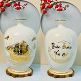  Bình hút lộc dáng cao men trắng vẽ vàng kim 