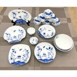  Bộ bát đĩa hoa mặt trời vẽ tay họa tiết sen chuồn men lam cổ 