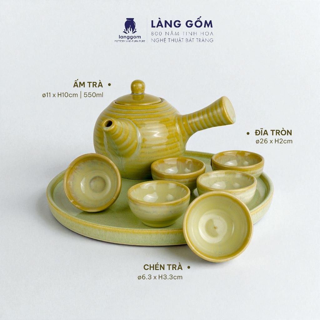  Bộ ấm chén quai chuôi men hỏa biến màu xanh bơ 