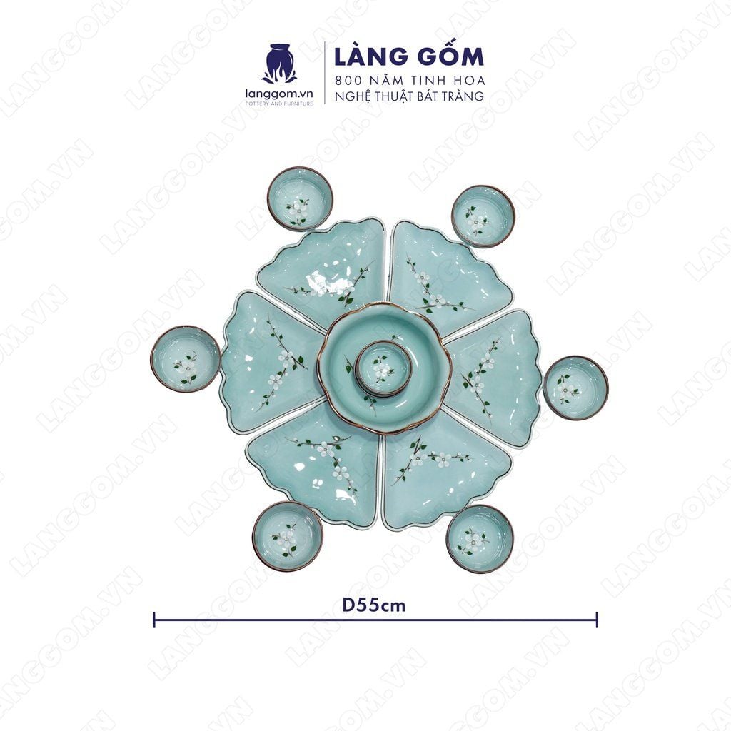  Bộ bát đĩa hoa mặt trời men xanh cổ hoa đào trắng 