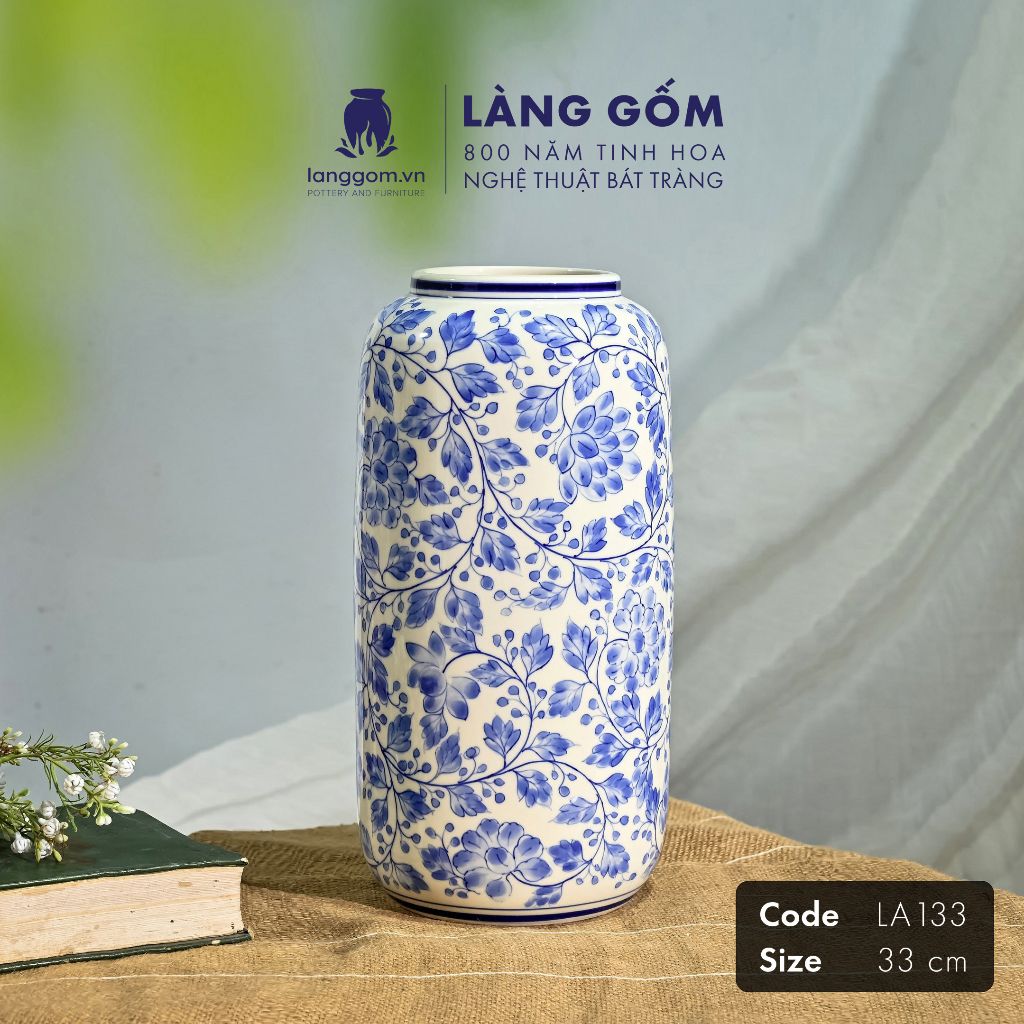  Bình hoa men lam họa tiết hoa lá 