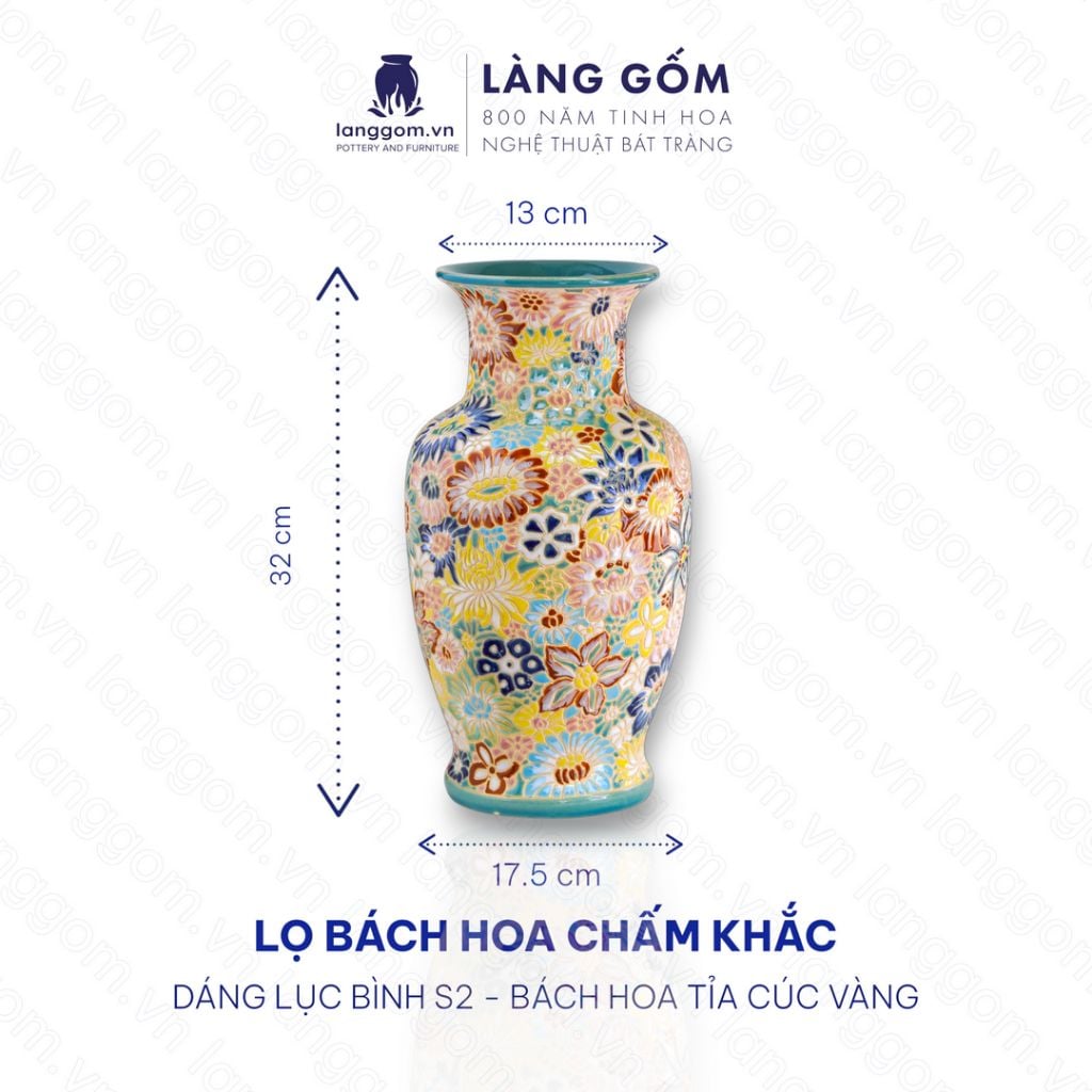  Bình bách hoa chấm màu khắc thủ công dáng lục bình 