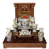  Bộ ấm chén trà thờ cúng men rạn đắp nổi hoa sen kèm khay tròn 