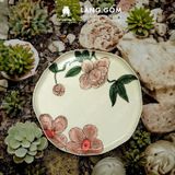  Đĩa gốm méo họa tiết vẽ tay thủ công hoa phù dung 