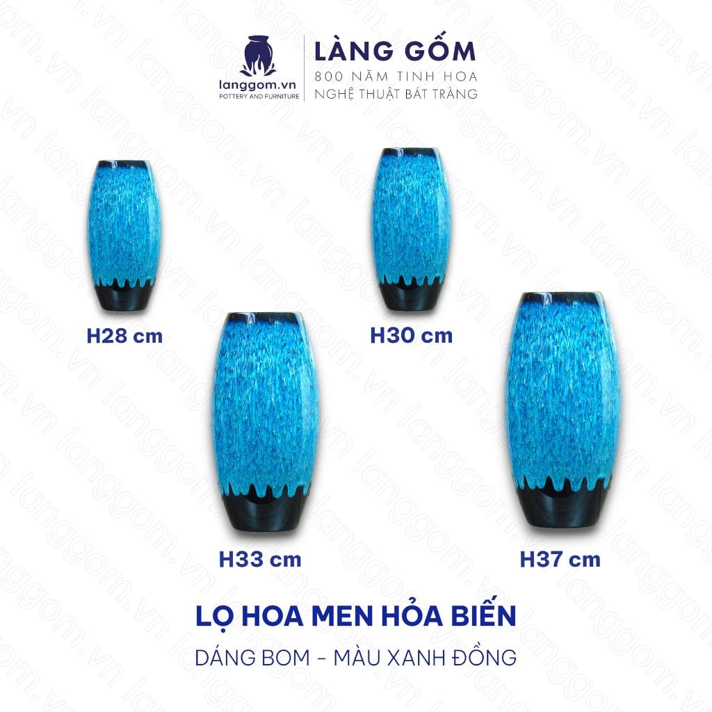  Bình hoa men hỏa biến dáng bom đại màu xanh đồng 