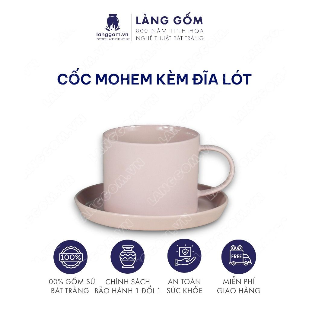  Cốc ly sứ gốm có quai men mờ kiểu mohem cùng đĩa lót 