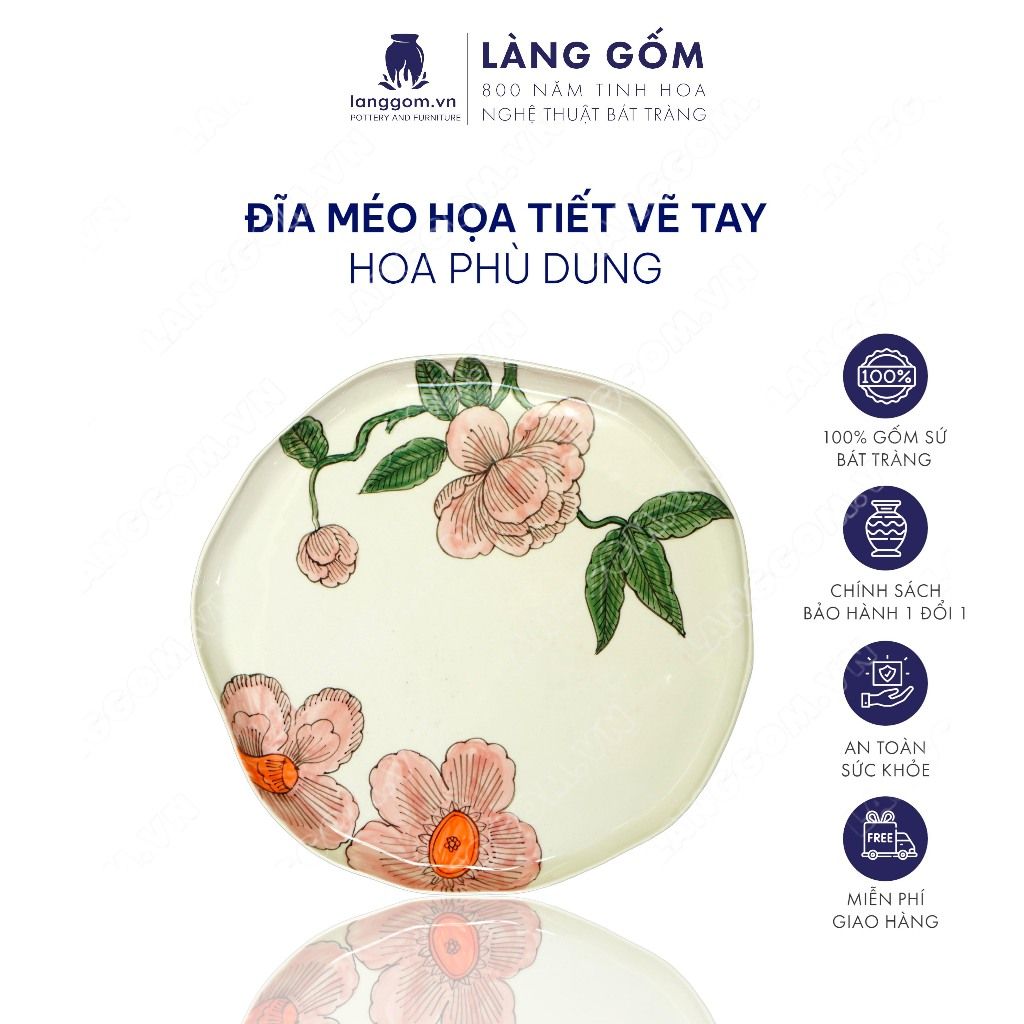  Đĩa gốm méo họa tiết vẽ tay thủ công hoa phù dung 
