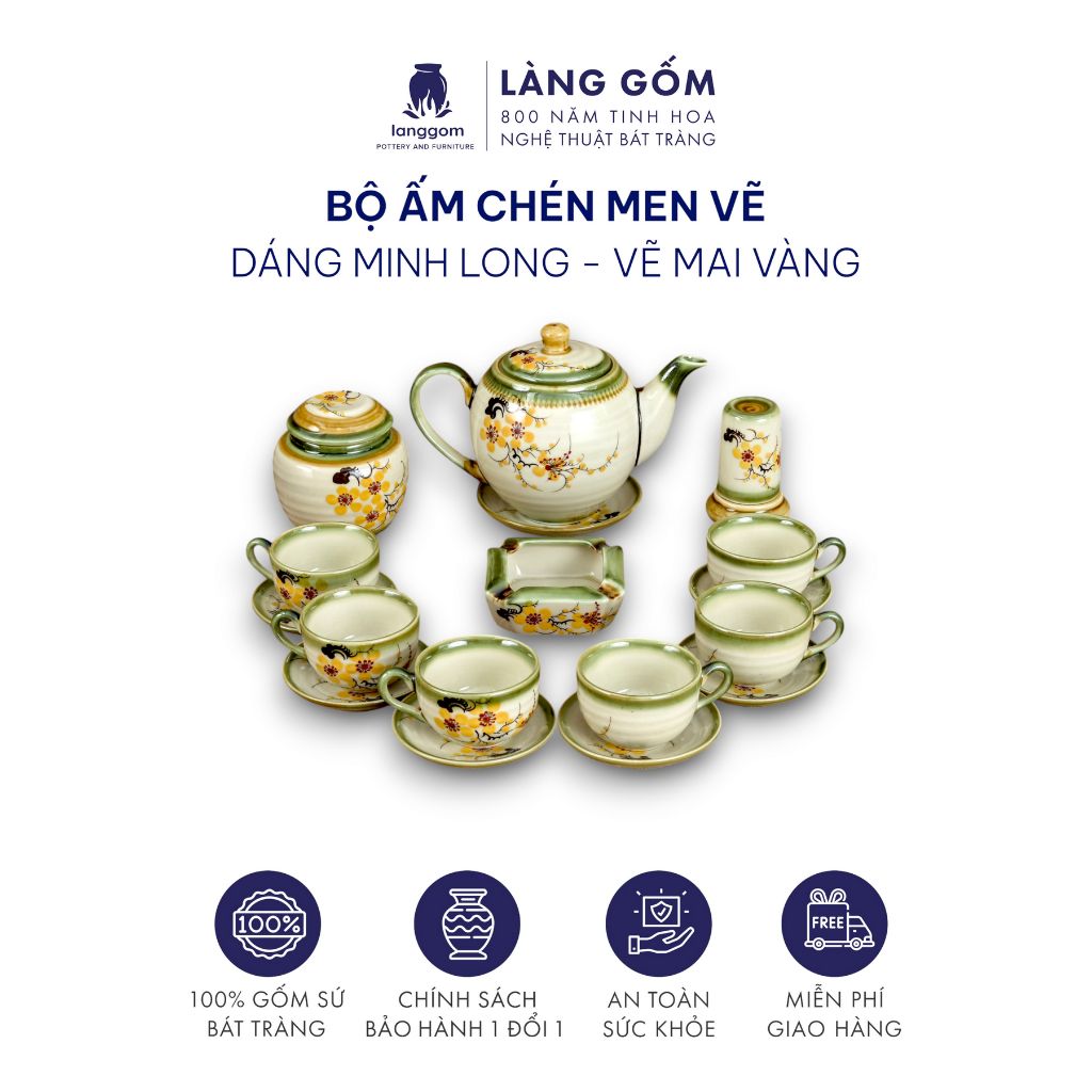  Bộ ấm chén dáng Minh Long hoạ tiết vẽ tay 