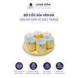  Bộ cốc đĩa vân đá họa tiết vẽ hoa đào trắng cao cấp 