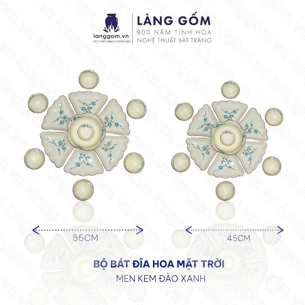  Bộ bát đĩa hoa mặt trời men kem đào xanh 