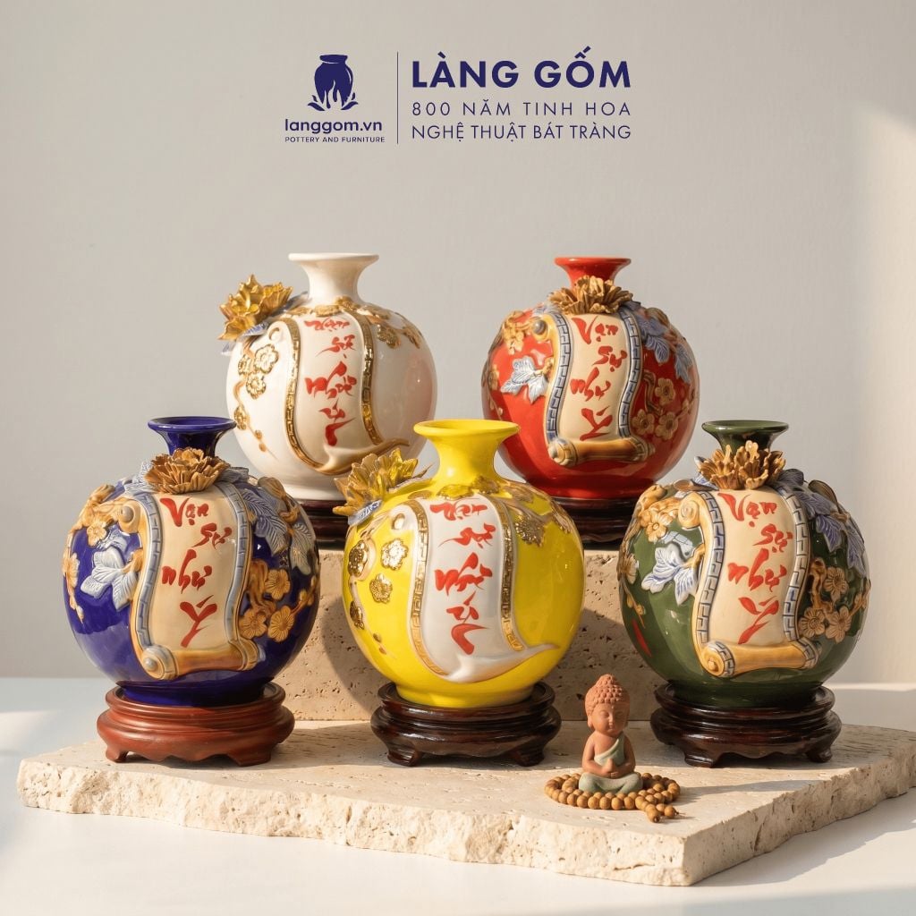  Bình Hút Lộc Vạn Sự Như Ý Đắp Nổi 3D Gốm Sứ Bát Tràng – Bình Tụ Lộc Phong Thủy Quà Tặng Cao Cấp 