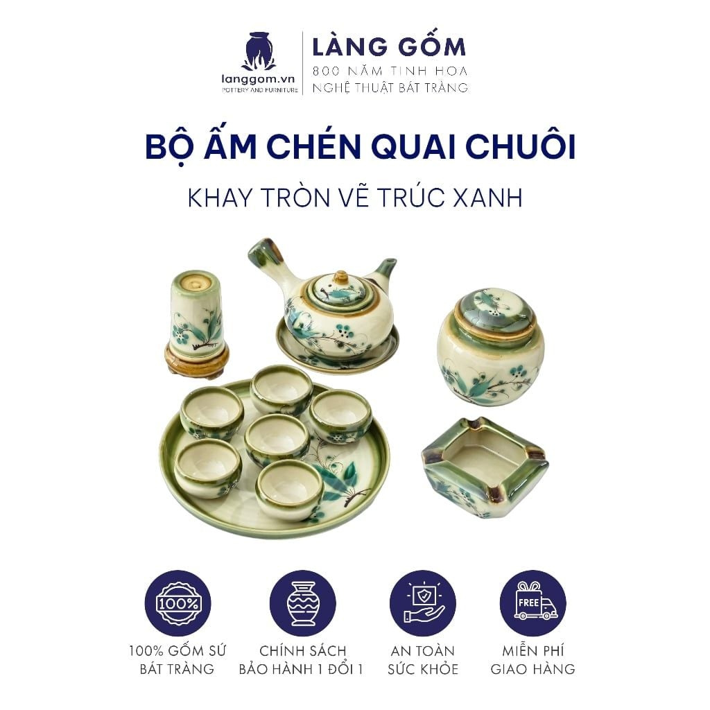  Bộ ấm chén vẽ tay quai chuôi vẽ tay nhiều họa tiết kèm khay tròn 