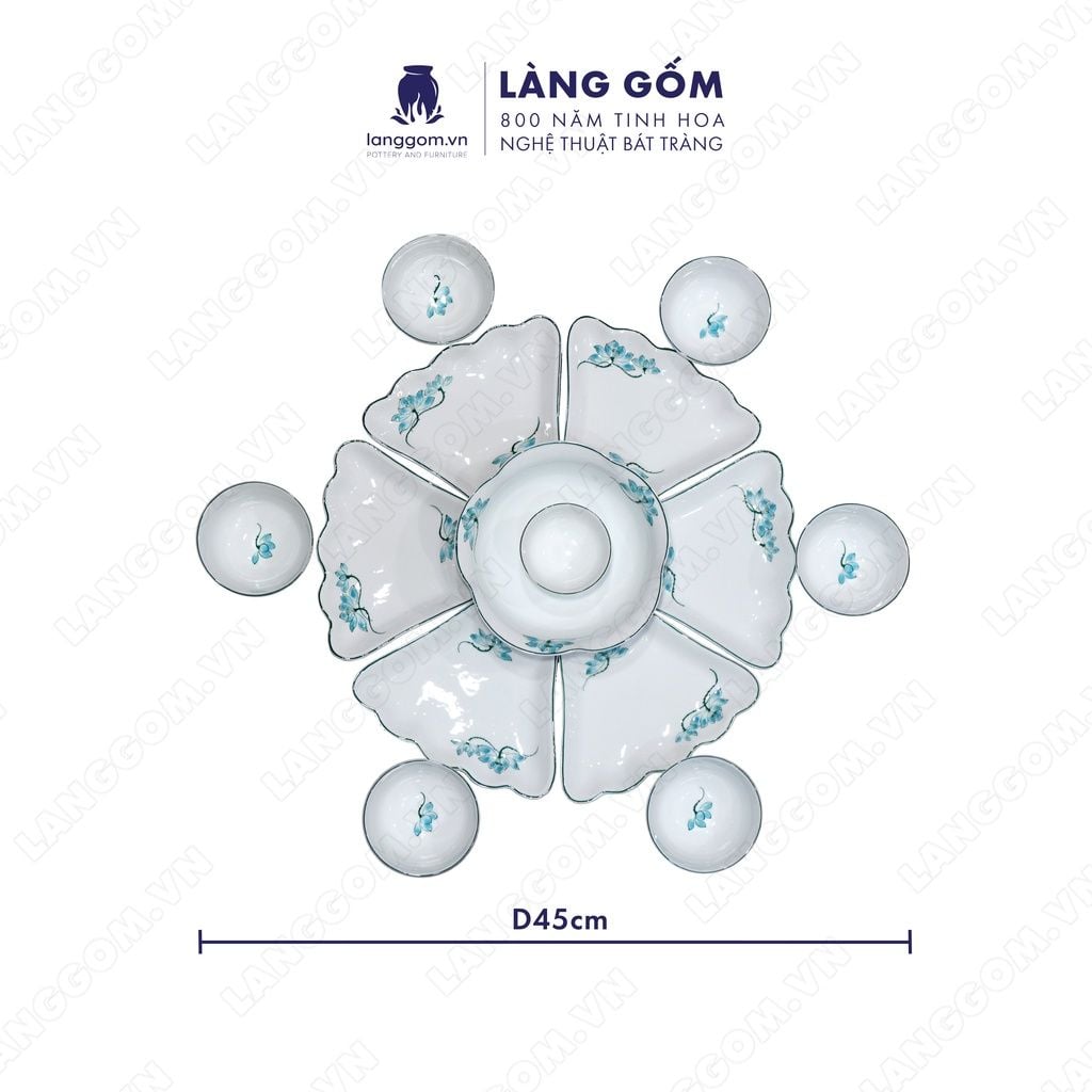  Bộ bát đĩa hoa mặt trời men trắng vẽ hoa sen xanh 