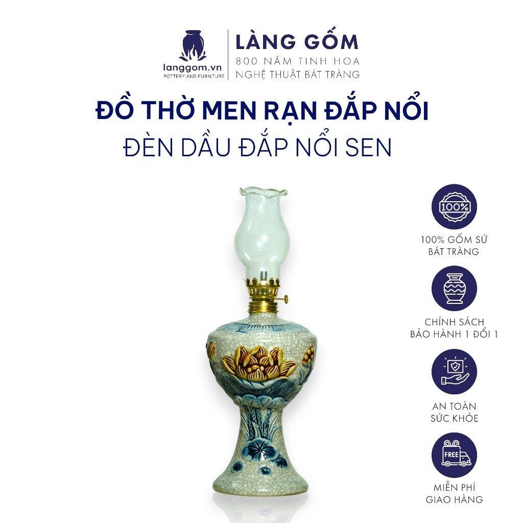  Đèn thờ cúng, đèn dầu để bàn thờ gia tiên - Bộ đồ thờ men rạn đắp nổi tinh xảo 