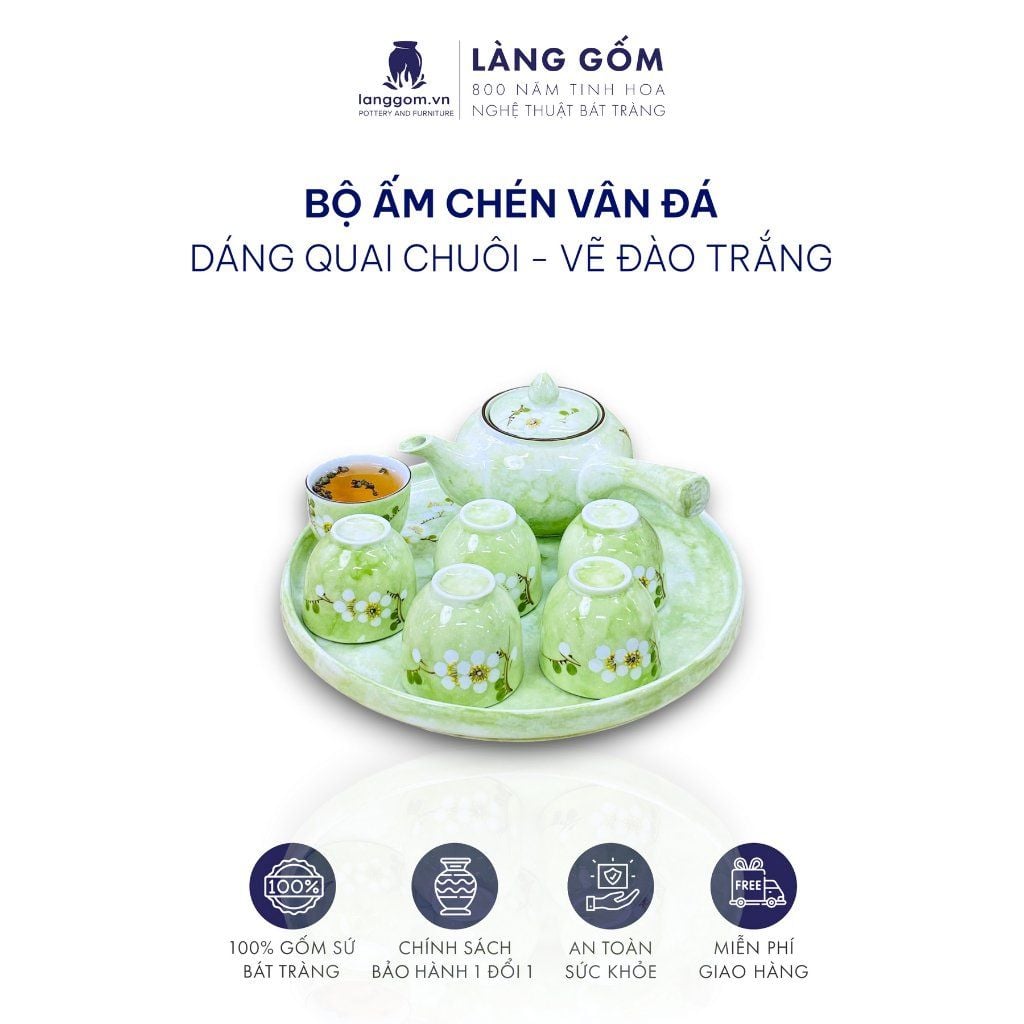 Bộ ấm chén dáng chuôi màu vân đá vẽ đào trắng, dung tích 330ml 
