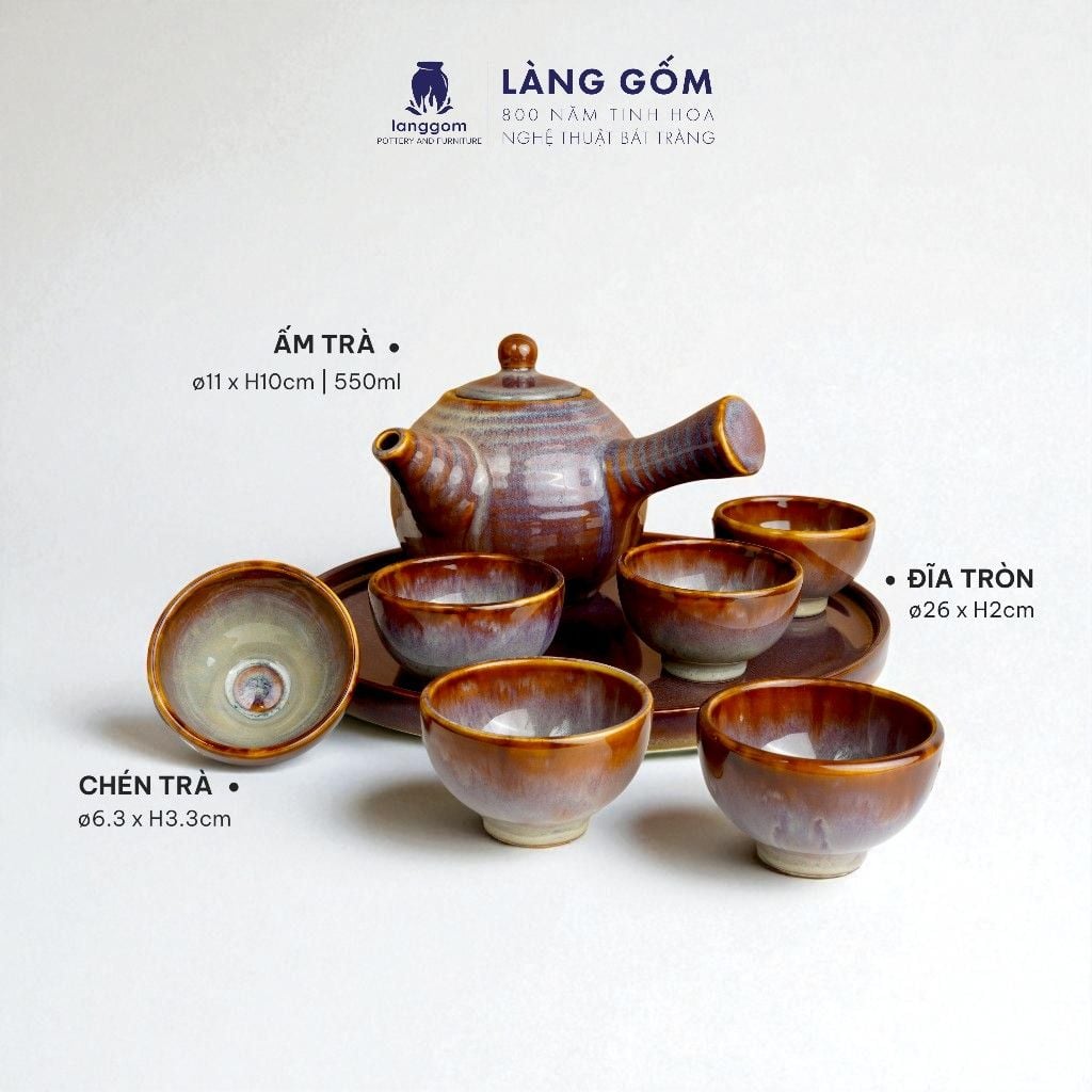  Bộ ấm chén quai chuôi men hỏa biến màu nâu trầm 