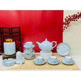  Bộ ấm chén Bưởi lửa màu vân đá vẽ đào trắng, đài sen - Gốm sứ Bát Tràng cao cấp 