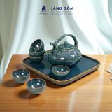  Bộ ấm trà quai trúc men hỏa biến xanh ngọc thạch kèm khay vuông 