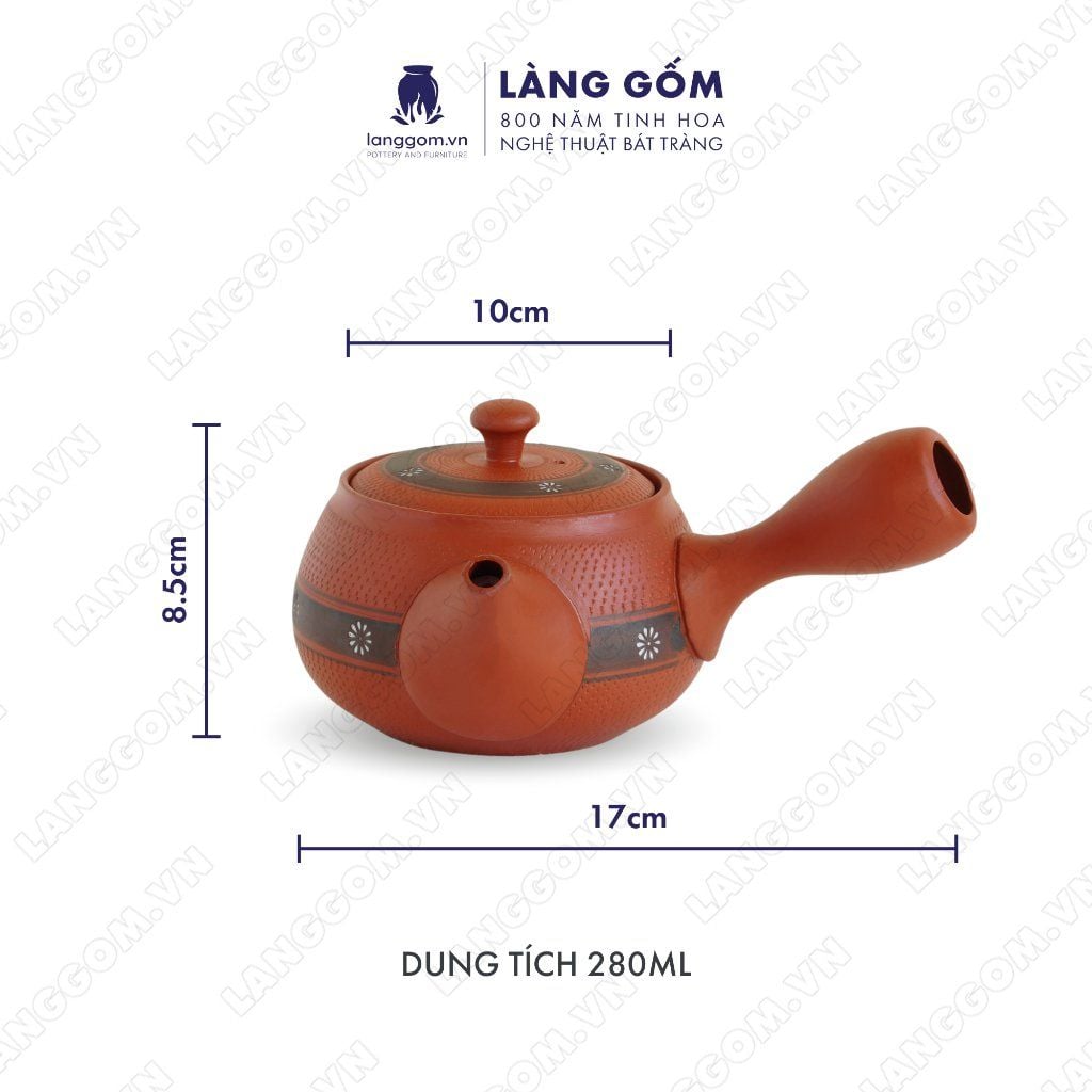  Ấm trà đất nung vẽ hoa ban quai chuôi màu đỏ họa tiết ganh 