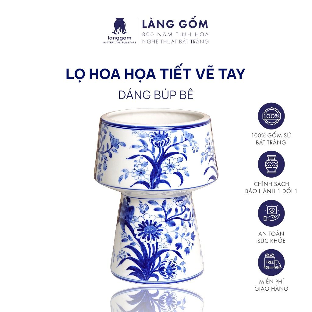  Lọ hoa vẽ tay dáng búp bê men lam họa tiết hoa lá 