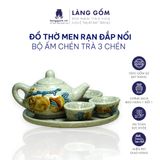  Bộ ấm chén trà thờ cúng men rạn đắp nổi hoa sen kèm khay tròn 