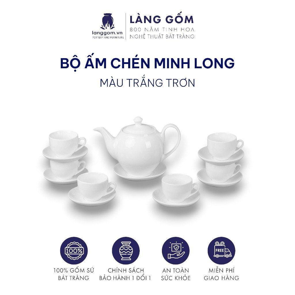  Bộ ấm chén men trắng kiểu Minh long 