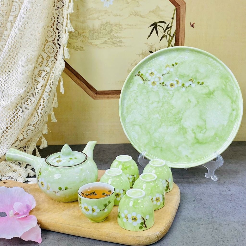  Bộ ấm chén dáng chuôi màu vân đá vẽ đào trắng, dung tích 330ml 