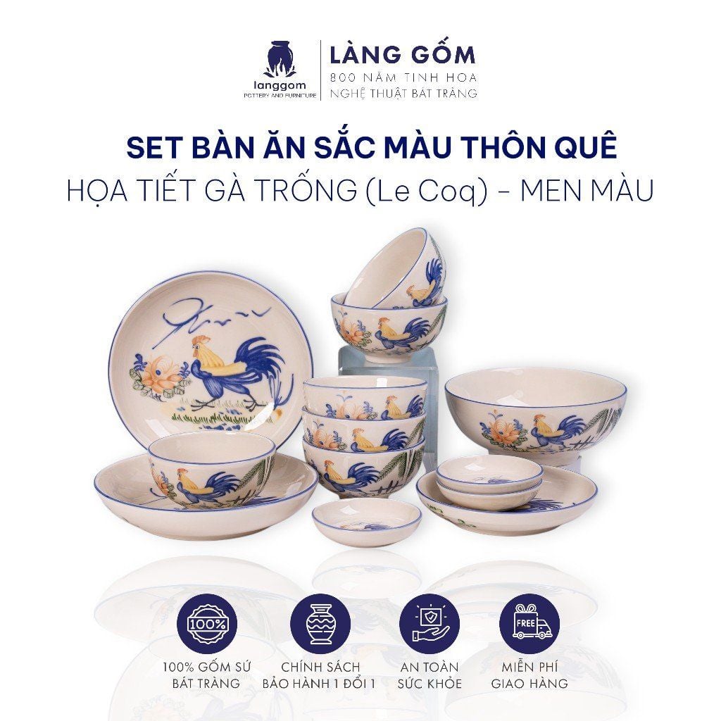  Bộ bàn ăn Sắc màu thôn quê, họa tiết vẽ gà trống 