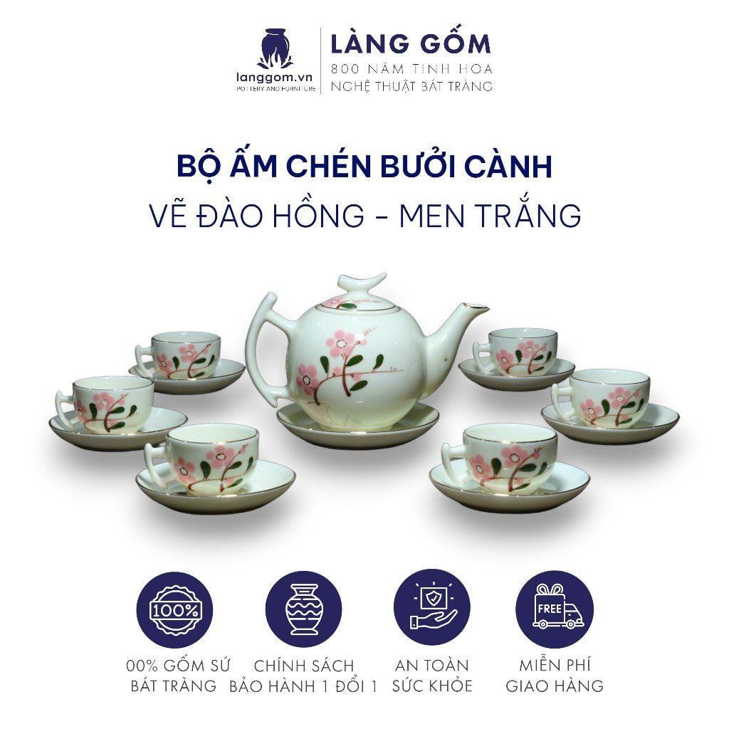  Bộ ấm chén bưởi cành men trắng vẽ đào hồng 