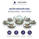  Bộ ấm chén bưởi cành men trắng vẽ đào hồng 