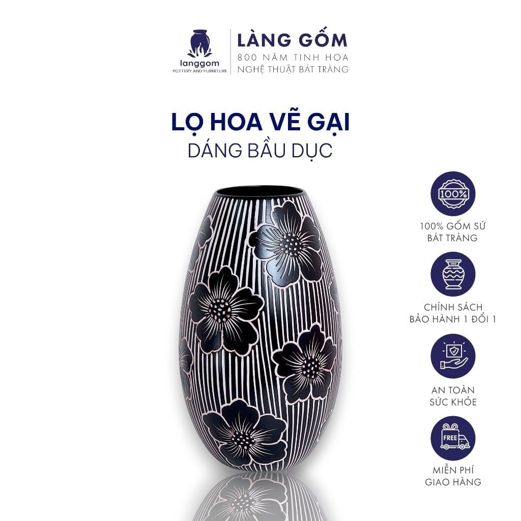  Lọ hoa men mát dáng bầu dục hoạ tiết vẽ gại màu đen 