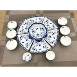  Bộ bát đĩa hoa mặt trời vẽ tay họa tiết sen chuồn men lam cổ 