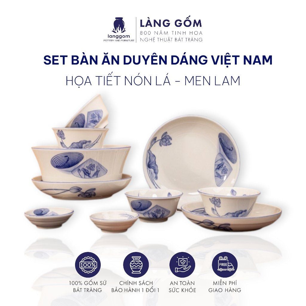  Bộ bàn ăn men làm Duyên dáng Việt Nam - Họa tiết vẽ nón lá 