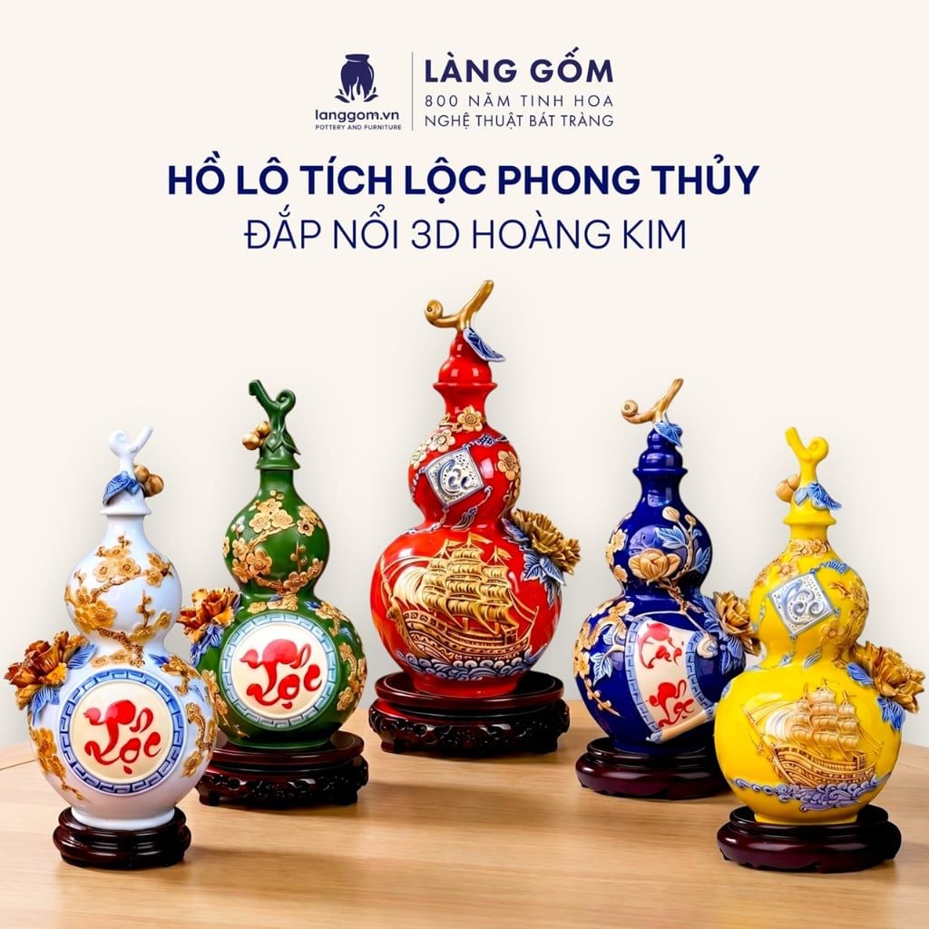  Bình Hồ Lô Tích Lộc Phong Thủy - Đắp Nổi Thuận Buồm, Tài Lộc Dát Vàng 18K - Quà Tặng Gốm Sứ Bát Tràng Cao Cấp 