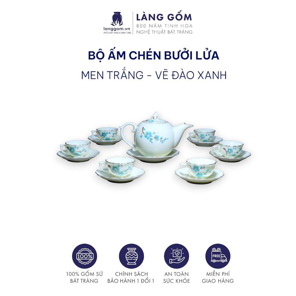 Bộ ấm chén bưởi lửa men trắng vẽ đào xanh 
