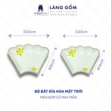  Bộ bát đĩa hoa mặt trời men kem vẽ cỏ may mắn 